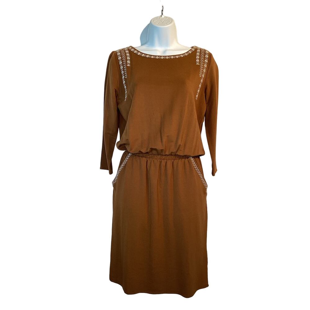 Garnet Hill Embroidered Pocket-Detail Knit Dress Brown Size XS